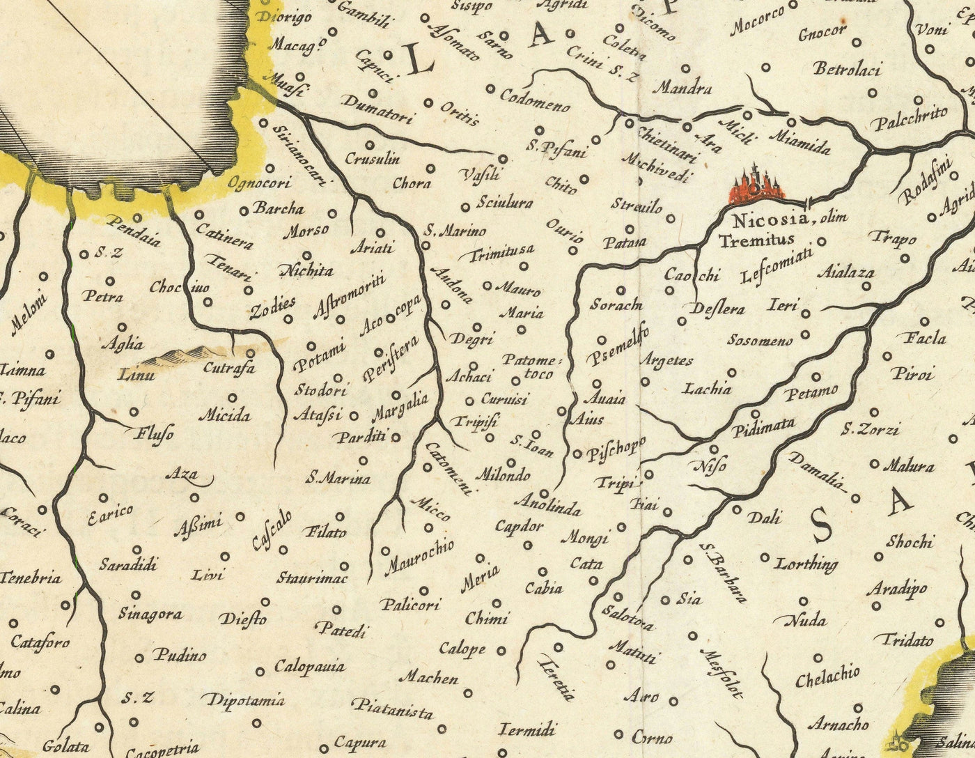 Mapa antiguo de Chipre por Willem Blaeu, 1640 - Nicosia, Kyrenia, Famagusta, Limassol, Pafos, Larnaca