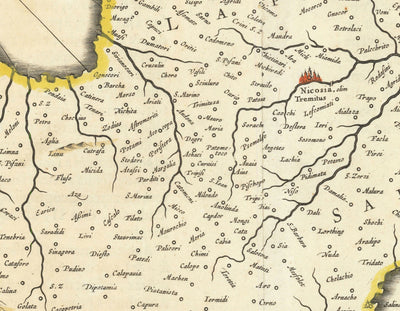Mapa antiguo de Chipre por Willem Blaeu, 1640 - Nicosia, Kyrenia, Famagusta, Limassol, Pafos, Larnaca