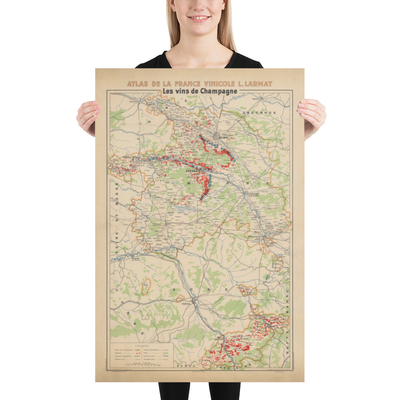 Mappa del vecchio vigneto di Champagne, Francia, 1944 di Louis Larmat - Reims, Epernay, Troyes, Chateau-Thierry, Bar-Sur-Seine 