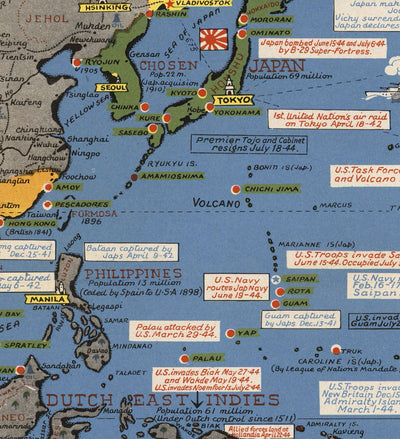 Old World War 2 Map - "Dated Events" WW2 Historical Educational Chart by Stanley Turner