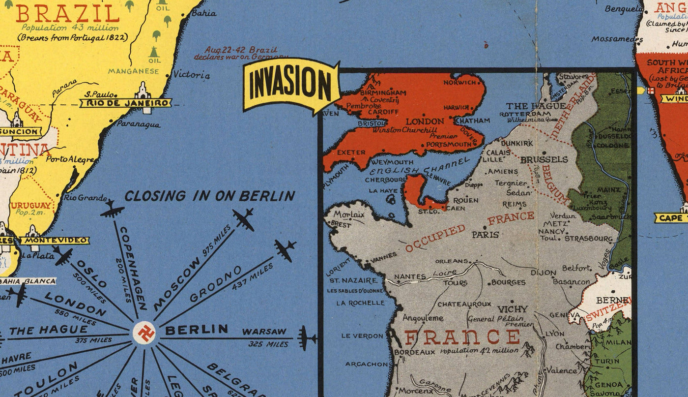 Old World War 2 Map - "Dated Events" WW2 Historical Educational Chart by Stanley Turner