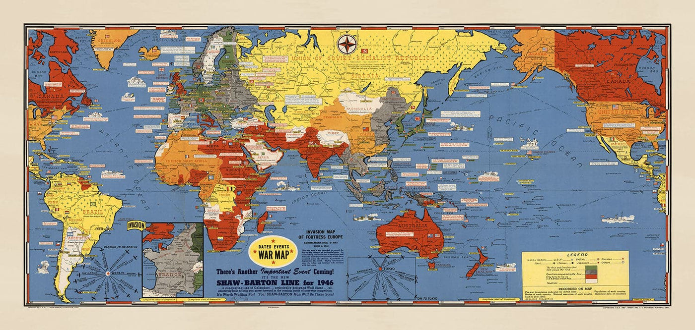 Old World War 2 Map - "Dated Events" WW2 Historical Educational Chart by Stanley Turner