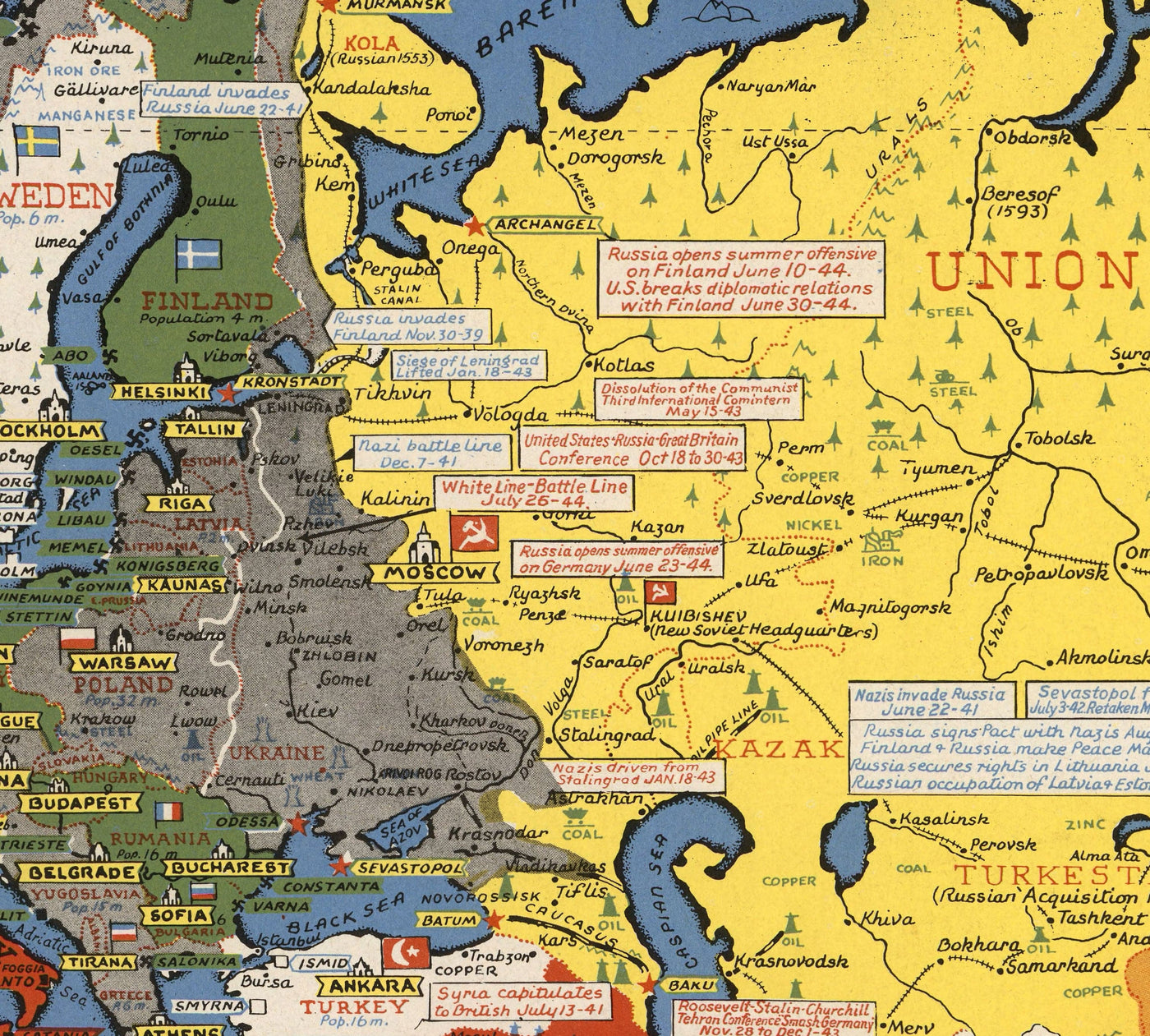 Old World War 2 Map - "Dated Events" WW2 Historical Educational Chart by Stanley Turner