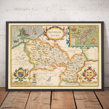 Ancienne Carte de Denbighshire Galles 1611 par John Speed ​​- Denbigh, Wrexham, Llandudno, Abergele