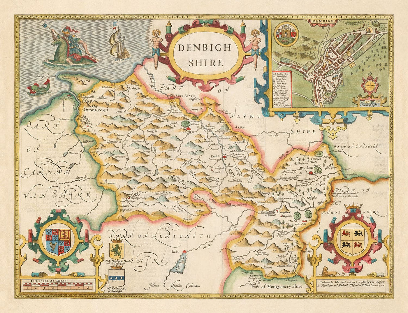 Old Map of Denbighshire Wales 1611 by John Speed - Denbigh, Wrexham, Llandudno, Abergele