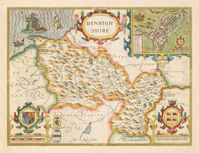 Old Map of Denbighshire Wales 1611 by John Speed - Denbigh, Wrexham, Llandudno, Abergele