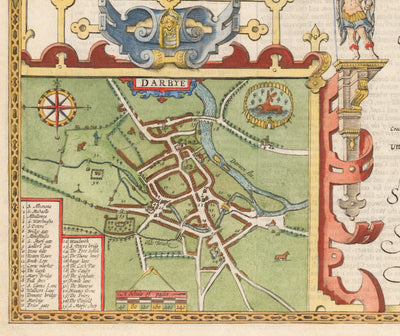 Alte Karte von Derbyshire, 1611 von John Speed - Derby, Chesterfield, Buxton, Peak District 