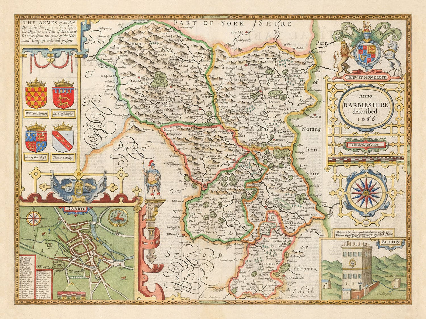 Alte Karte von Derbyshire, 1611 von John Speed - Derby, Chesterfield, Buxton, Peak District 