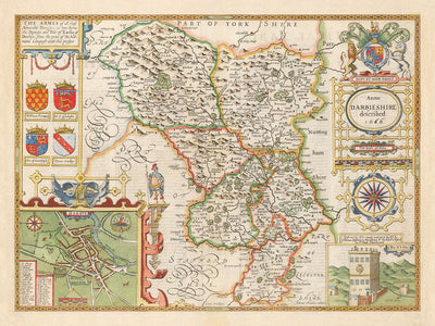 Alte Karte von Derbyshire, 1611 von John Speed - Derby, Chesterfield, Buxton, Peak District 
