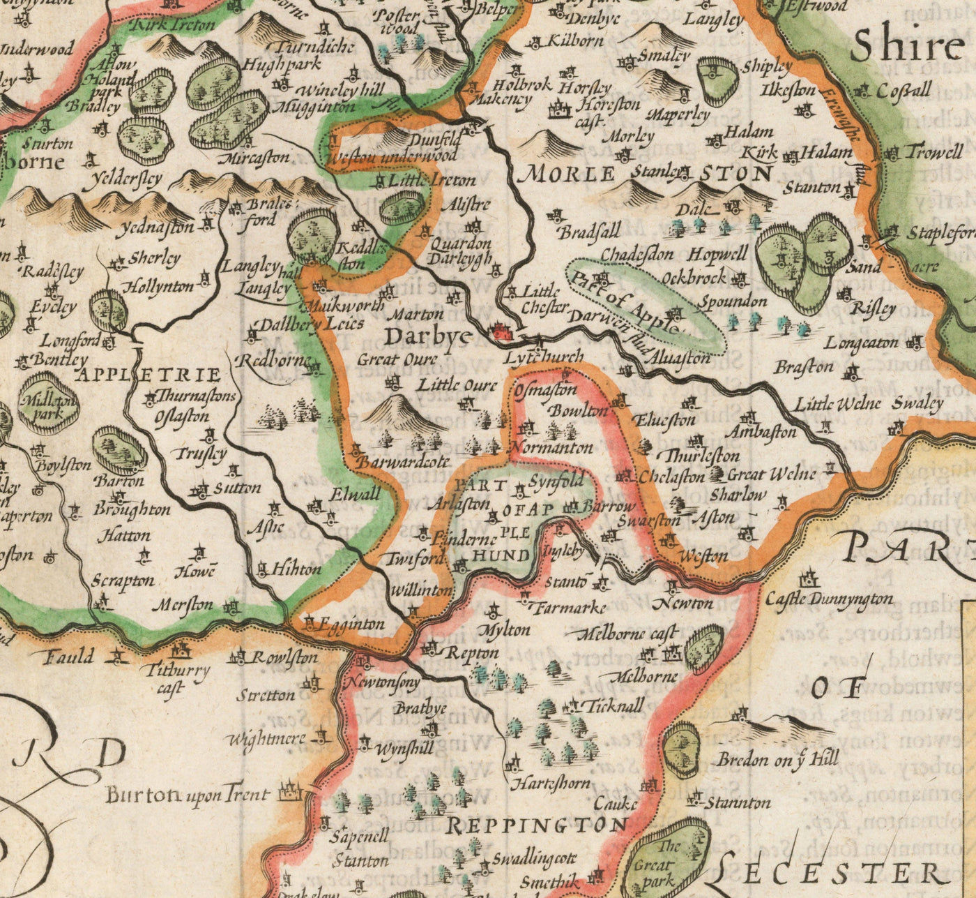 Alte Karte von Derbyshire, 1611 von John Speed - Derby, Chesterfield, Buxton, Peak District 