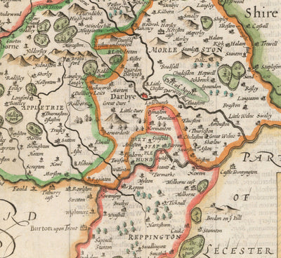 Alte Karte von Derbyshire, 1611 von John Speed - Derby, Chesterfield, Buxton, Peak District 