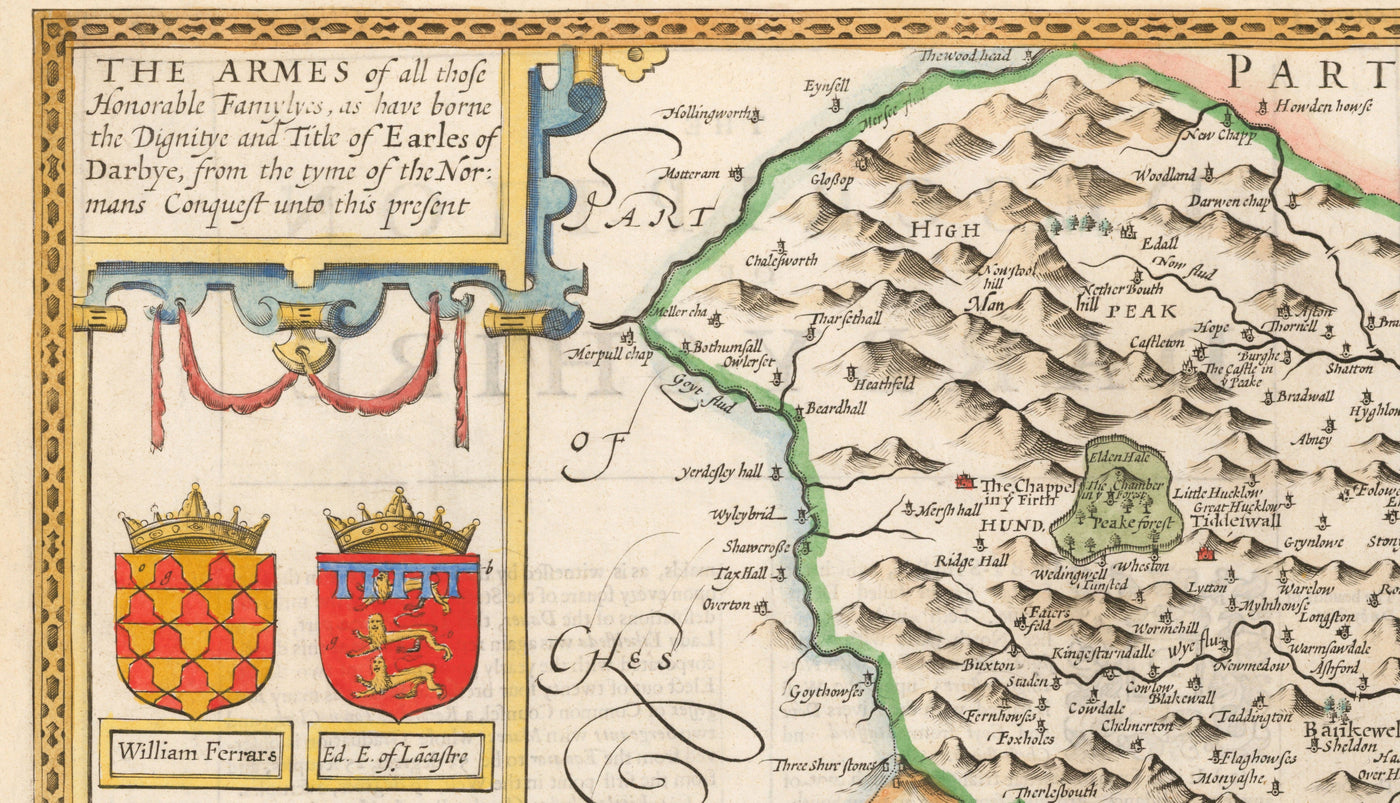 Alte Karte von Derbyshire, 1611 von John Speed - Derby, Chesterfield, Buxton, Peak District 