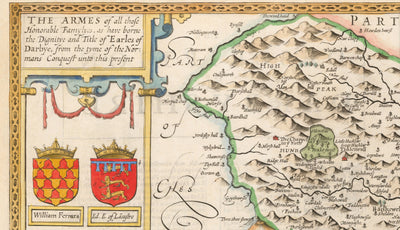 Alte Karte von Derbyshire, 1611 von John Speed - Derby, Chesterfield, Buxton, Peak District 