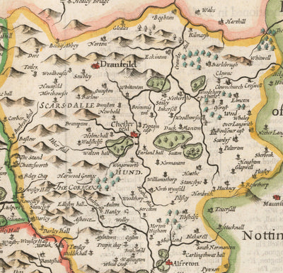 Alte Karte von Derbyshire, 1611 von John Speed - Derby, Chesterfield, Buxton, Peak District 