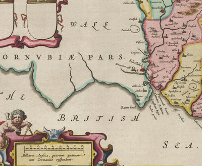 Alte Karte von Devon im Jahr 1665 von Joan Blaeu - Plymouth, Exeter, Torquay, Paignton, Exmouth, Barnstaple, West Country 