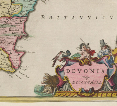 Alte Karte von Devon im Jahr 1665 von Joan Blaeu - Plymouth, Exeter, Torquay, Paignton, Exmouth, Barnstaple, West Country 