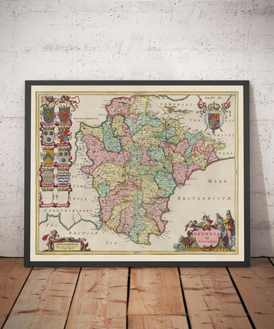 Alte Karte von Devon im Jahr 1665 von Joan Blaeu - Plymouth, Exeter, Torquay, Paignton, Exmouth, Barnstaple, West Country 
