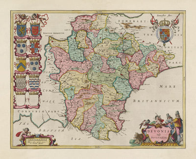 Alte Karte von Devon im Jahr 1665 von Joan Blaeu - Plymouth, Exeter, Torquay, Paignton, Exmouth, Barnstaple, West Country 