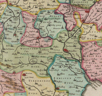 Alte Karte von Devon im Jahr 1665 von Joan Blaeu - Plymouth, Exeter, Torquay, Paignton, Exmouth, Barnstaple, West Country 