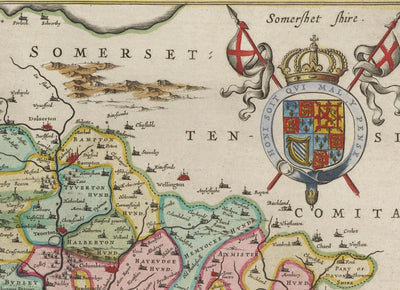 Alte Karte von Devon im Jahr 1665 von Joan Blaeu - Plymouth, Exeter, Torquay, Paignton, Exmouth, Barnstaple, West Country 