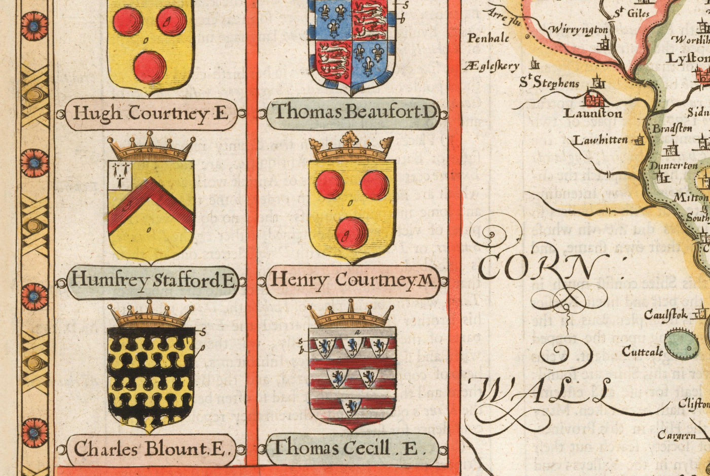 Ancienne carte de Devon, 1611 par John Speed ​​- Plymouth, Exeter, Torquay, Paignton