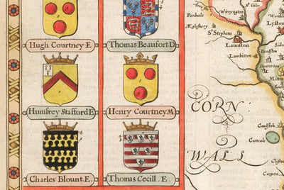 Ancienne carte de Devon, 1611 par John Speed ​​- Plymouth, Exeter, Torquay, Paignton
