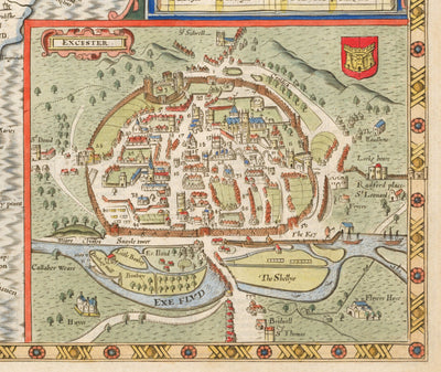 Ancienne carte de Devon, 1611 par John Speed ​​- Plymouth, Exeter, Torquay, Paignton