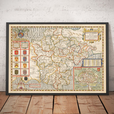 Ancienne carte de Devon, 1611 par John Speed ​​- Plymouth, Exeter, Torquay, Paignton