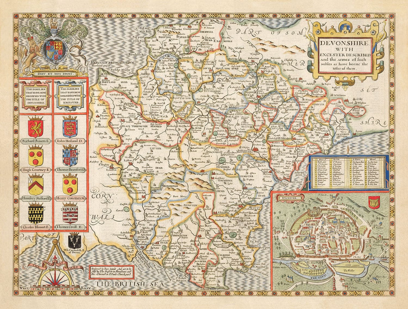 Ancienne carte de Devon, 1611 par John Speed ​​- Plymouth, Exeter, Torquay, Paignton
