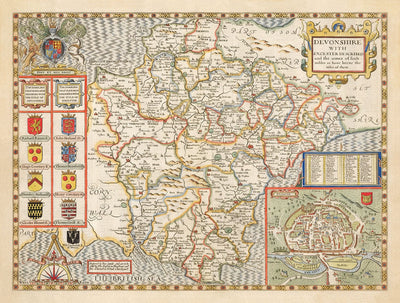 Ancienne carte de Devon, 1611 par John Speed ​​- Plymouth, Exeter, Torquay, Paignton