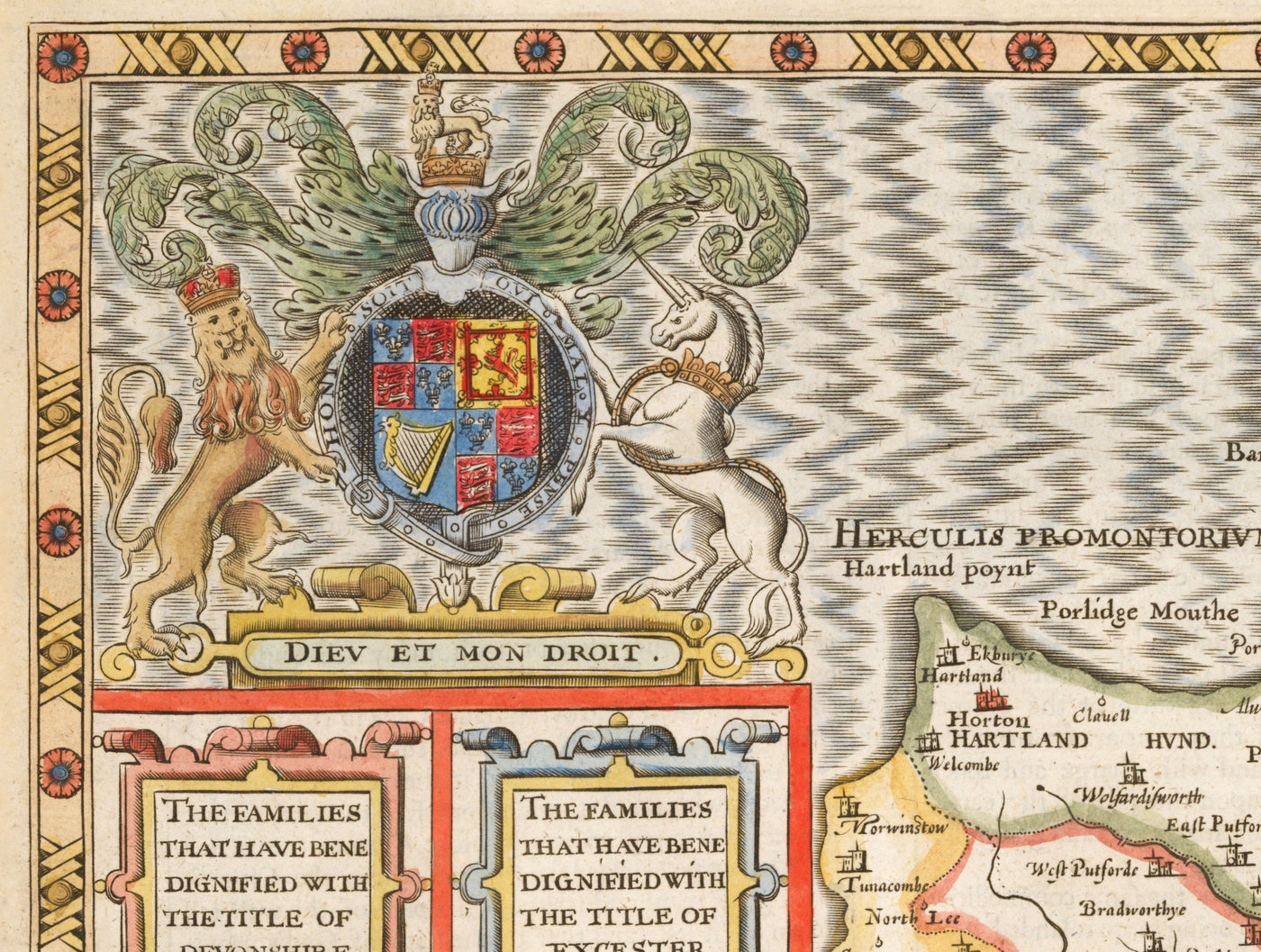 Ancienne carte de Devon, 1611 par John Speed ​​- Plymouth, Exeter, Torquay, Paignton