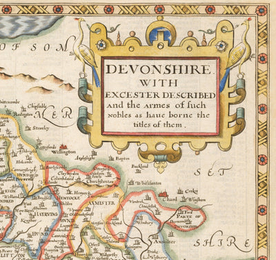 Ancienne carte de Devon, 1611 par John Speed ​​- Plymouth, Exeter, Torquay, Paignton