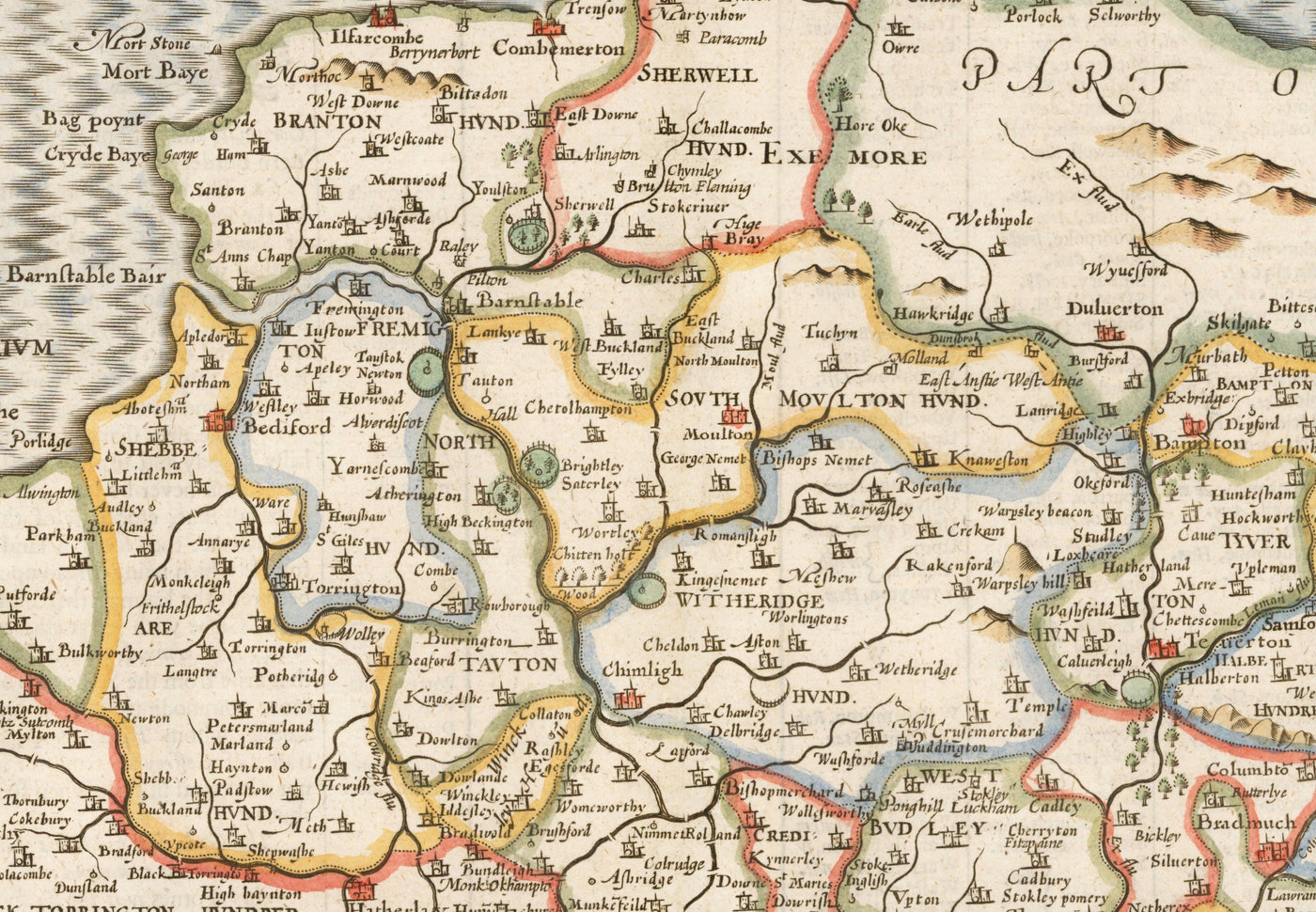 Ancienne carte de Devon, 1611 par John Speed ​​- Plymouth, Exeter, Torquay, Paignton