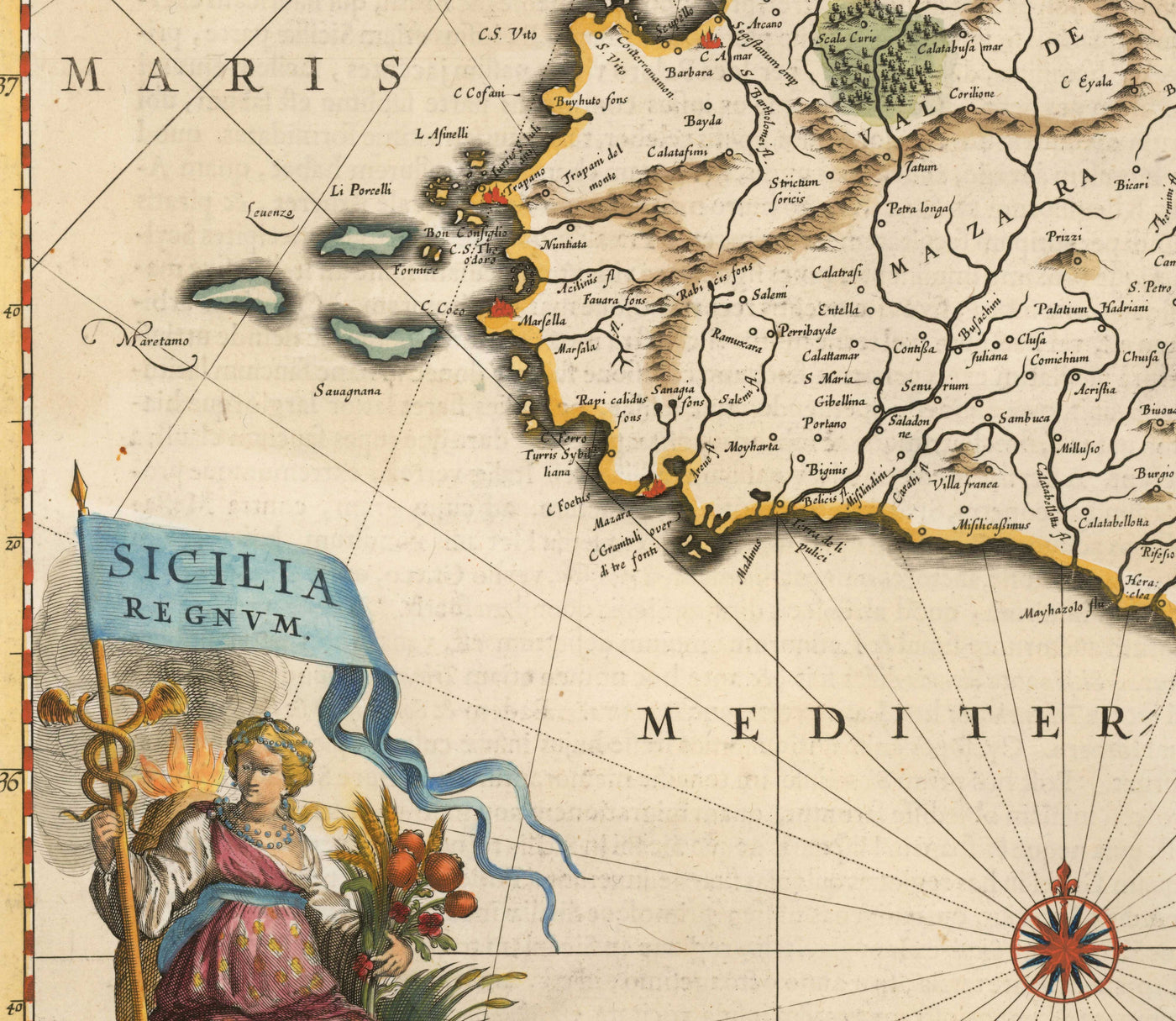 Mapa antiguo de Sicilia en 1640 por Willem Blaeu - Palermo, Catania, Marsala, Mediterráneo, Messina