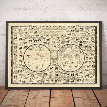 Ancienne carte des chiens, 1936 - Atlas mondial des races - Terrier, Bulldog, Carlin, Berger allemand, Husky, Retriever, Chien de berger