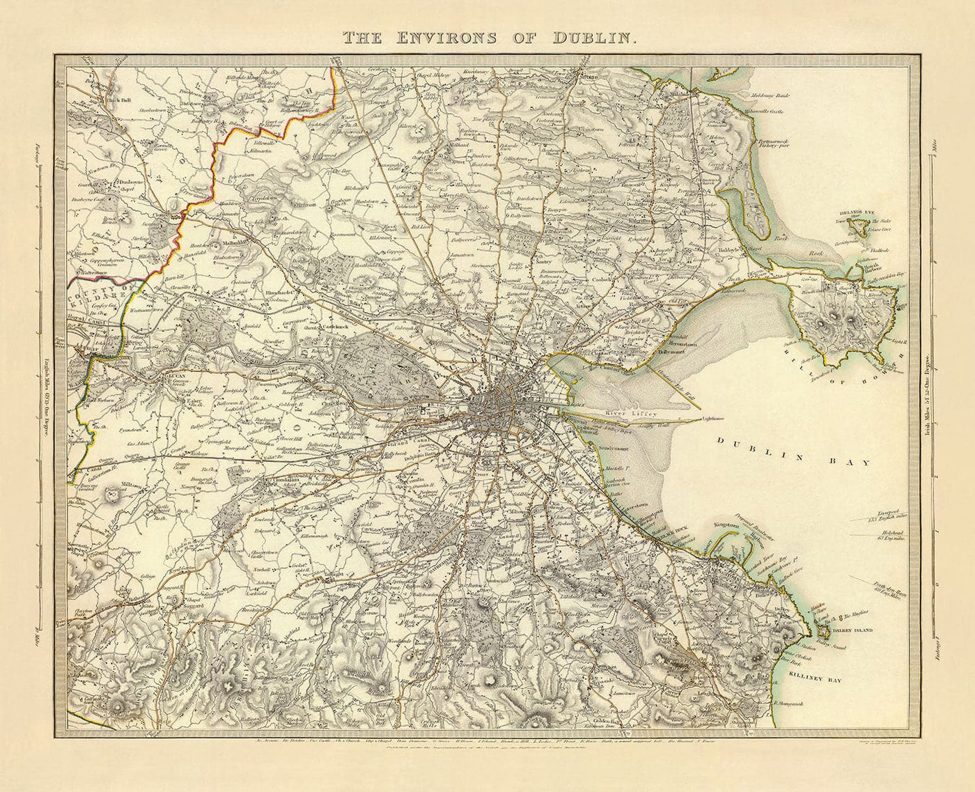 Ancienne carte de Dublin et de banlieue, Irlande, 1837 de Sduk - Leinster, Baie de Dublin, Grand Dublin