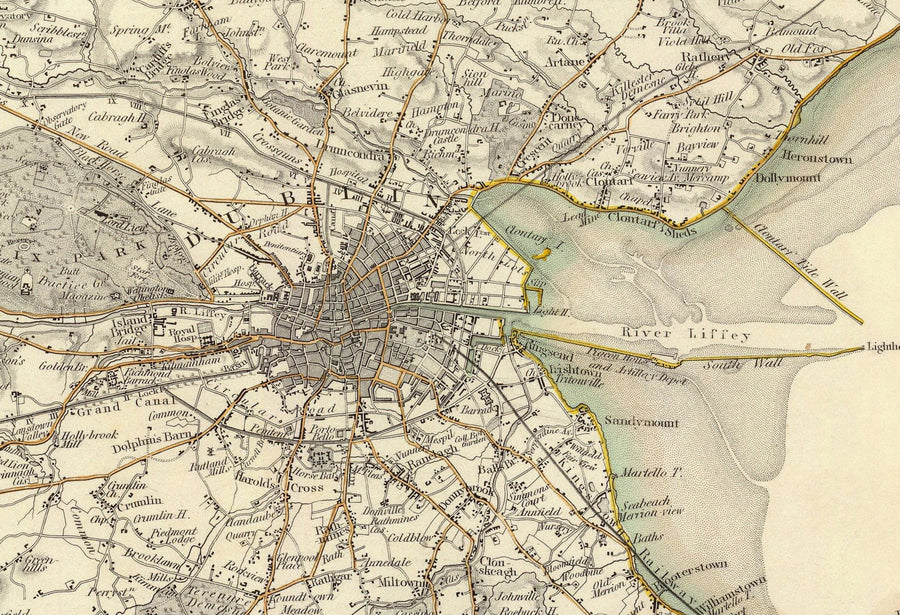 Antica mappa di Dublino e dei sobborghi, Irlanda, 1837 di SDUK - Leinster, Baia di Dublino, Grande Dublino 