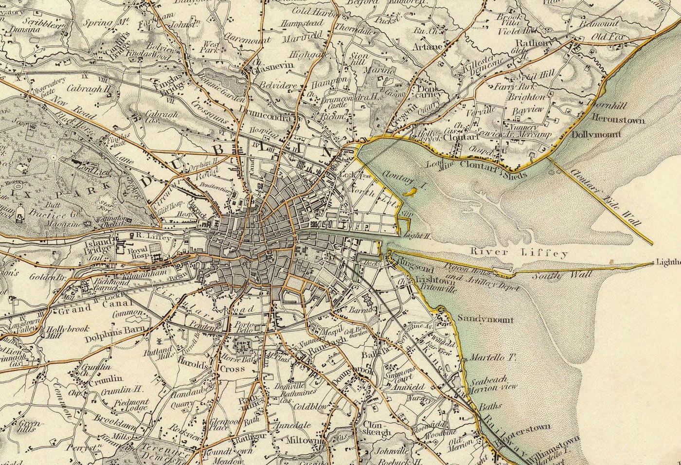Ancienne carte de Dublin et de banlieue, Irlande, 1837 de Sduk - Leinster, Baie de Dublin, Grand Dublin