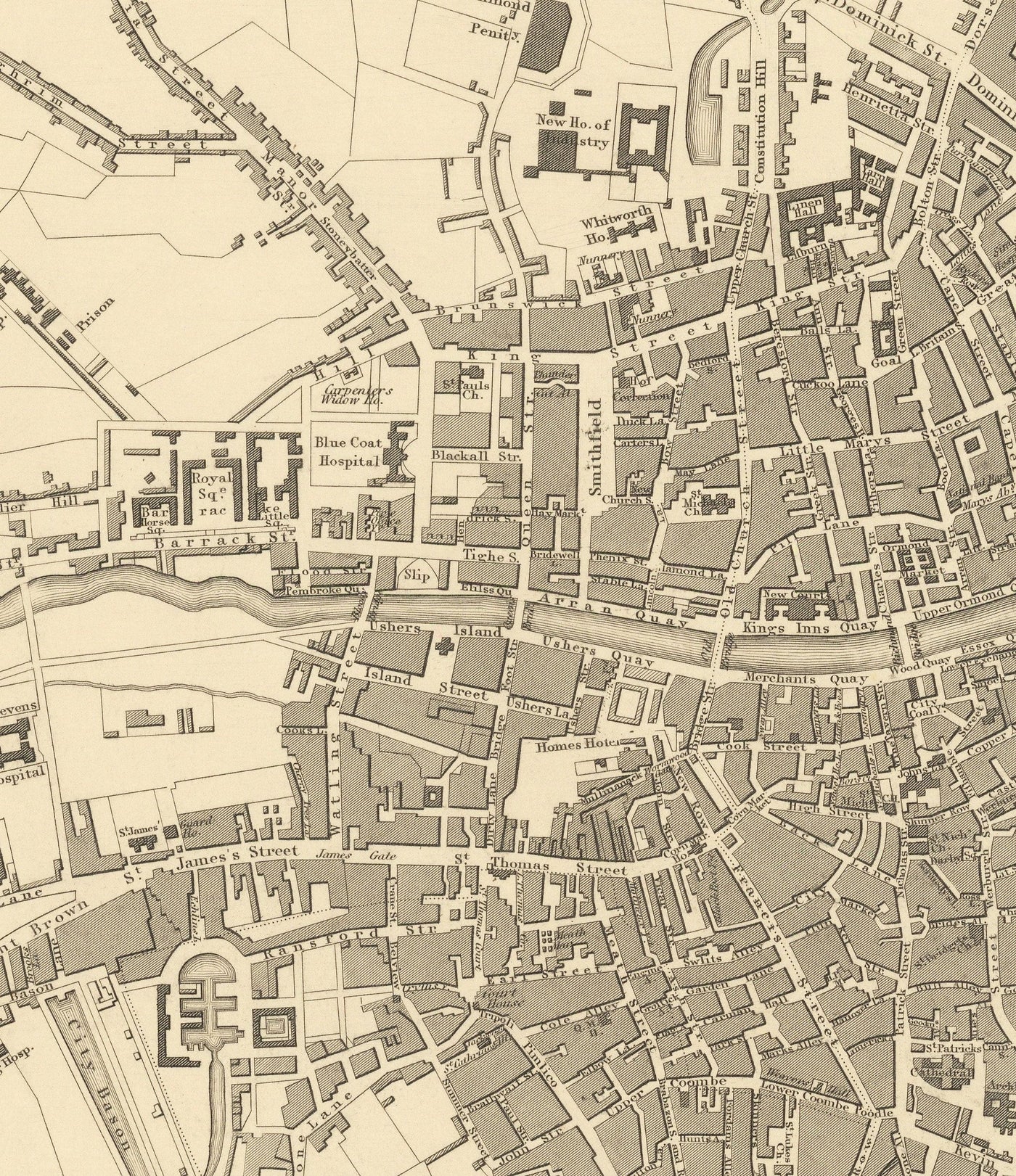 Mapa antiguo de Dublín, Irlanda, 1836 por WB Clark para Sduk - River Liffey, Leinster, Co. Dublin