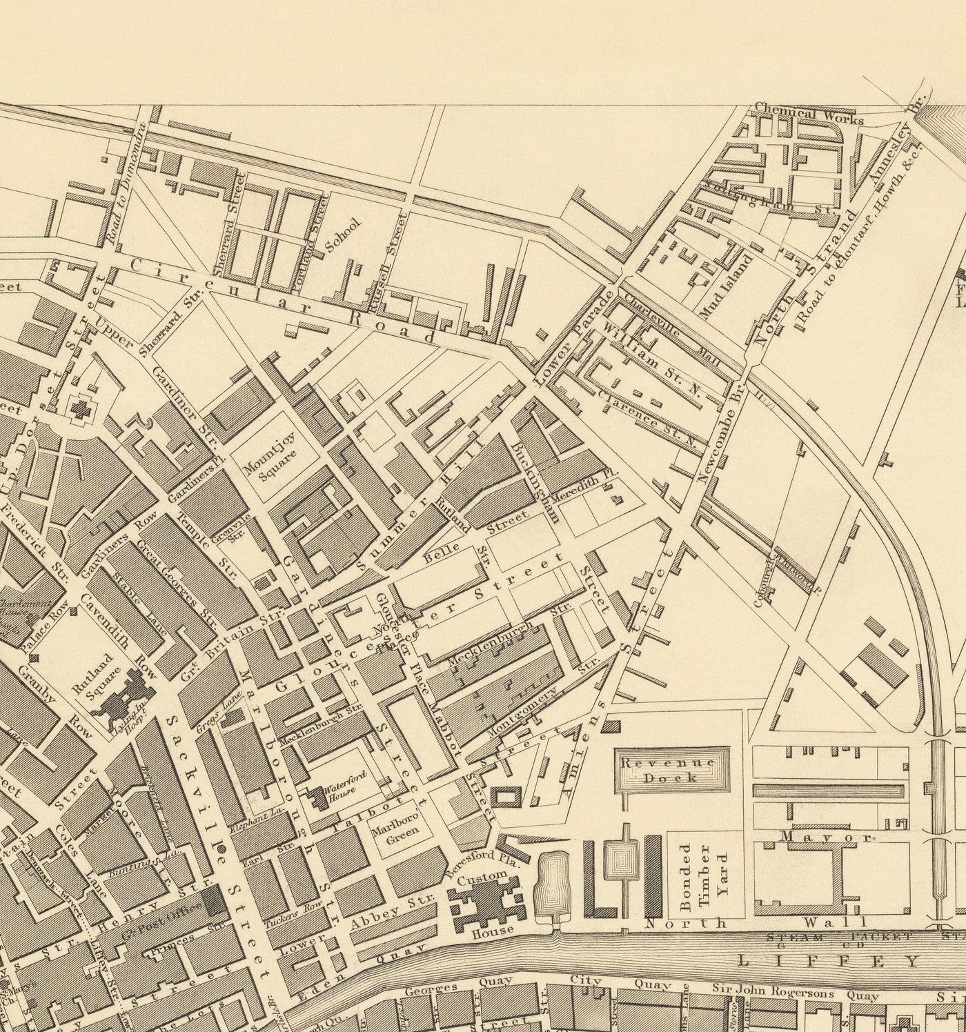 Mapa antiguo de Dublín, Irlanda, 1836 por WB Clark para Sduk - River Liffey, Leinster, Co. Dublin