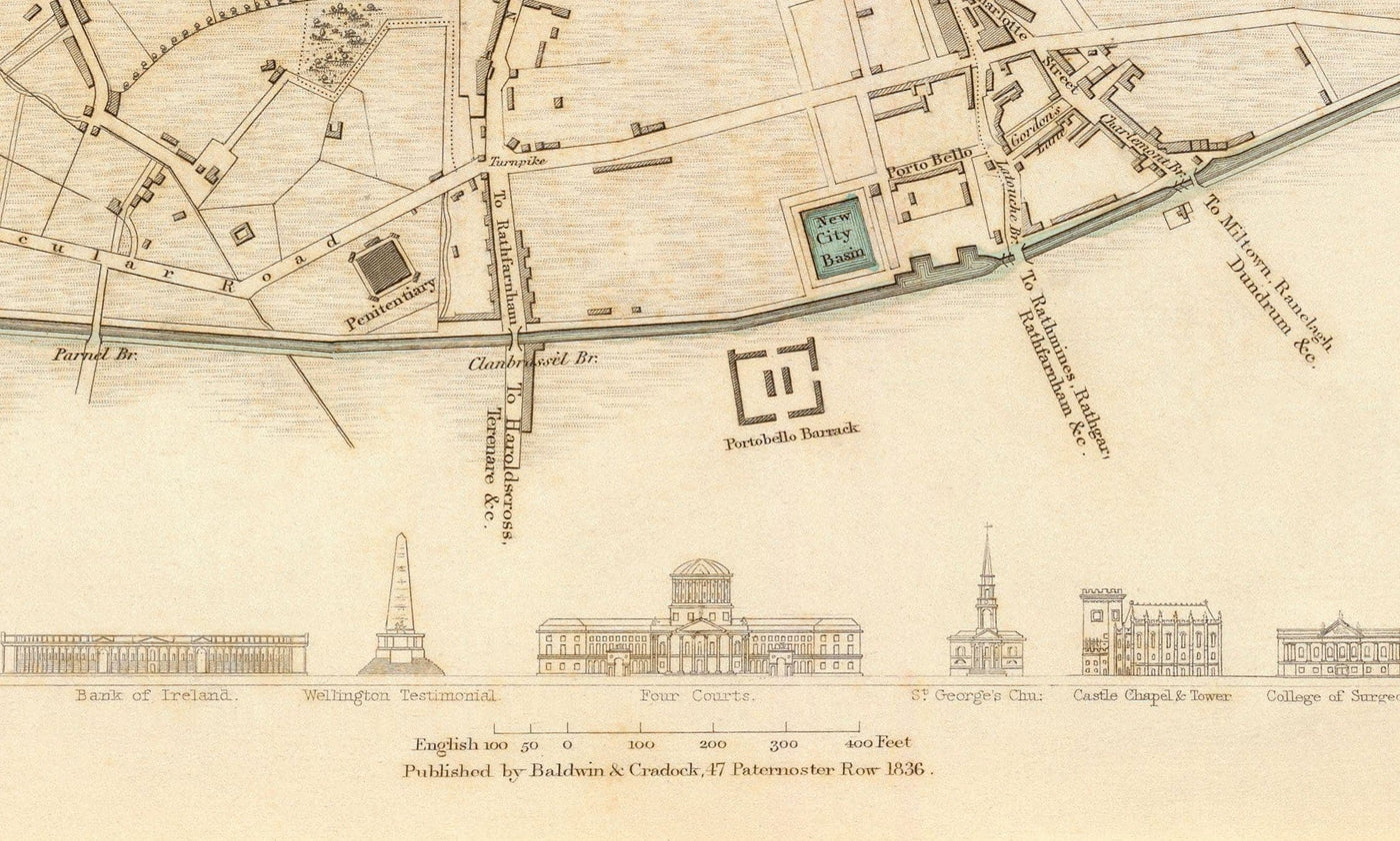 Viejo mapa de Dublín, Irlanda en 1836 por WB Clark - River Liffey, Leinster, County Dublin