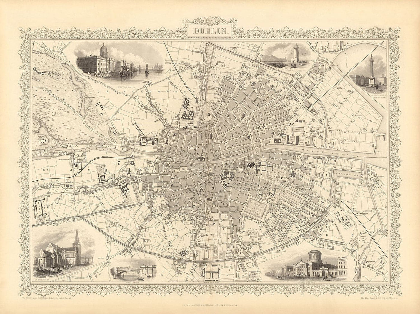 Old Map of Dublin, Ireland, 1851 by Tallis & Rapkin - Central, Temple Bar, Stoneybatter, Docklands, Liffey, Leinster