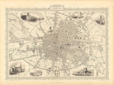 Old Map of Dublin, Ireland, 1851 by Tallis & Rapkin - Central, Temple Bar, Stoneybatter, Docklands, Liffey, Leinster