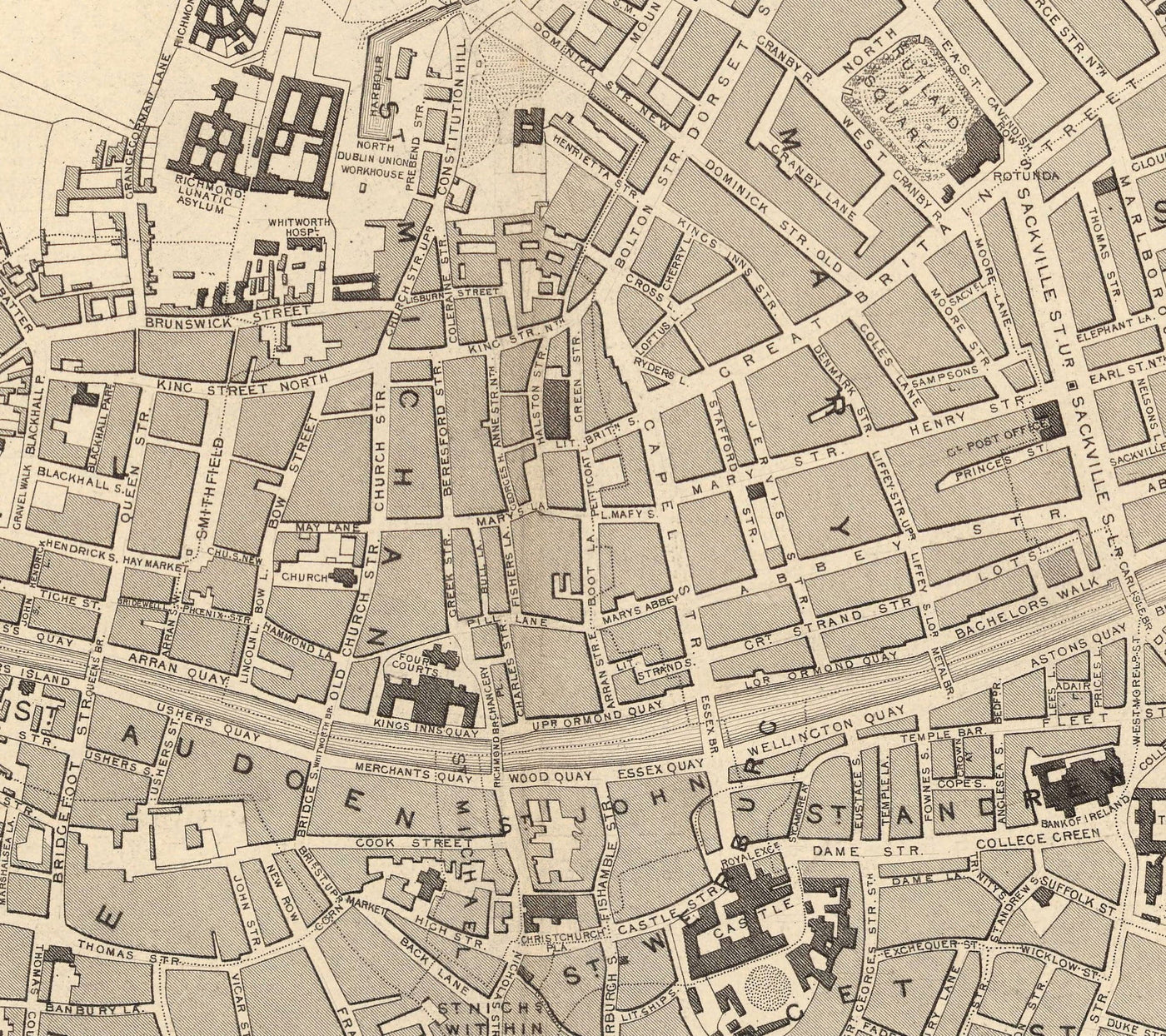 Old Map of Dublin, Ireland, 1851 by Tallis & Rapkin - Central, Temple Bar, Stoneybatter, Docklands, Liffey, Leinster
