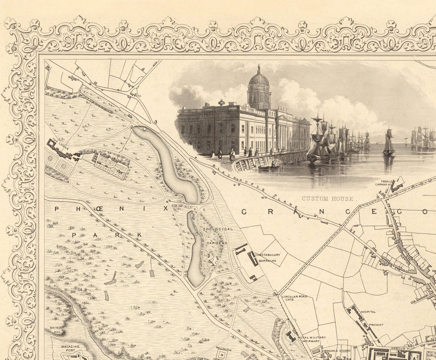 Old Map of Dublin, Ireland, 1851 by Tallis & Rapkin - Central, Temple Bar, Stoneybatter, Docklands, Liffey, Leinster