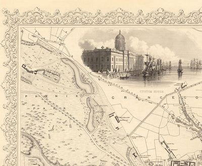 Old Map of Dublin, Ireland, 1851 by Tallis & Rapkin - Central, Temple Bar, Stoneybatter, Docklands, Liffey, Leinster