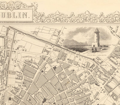 Old Map of Dublin, Ireland, 1851 by Tallis & Rapkin - Central, Temple Bar, Stoneybatter, Docklands, Liffey, Leinster