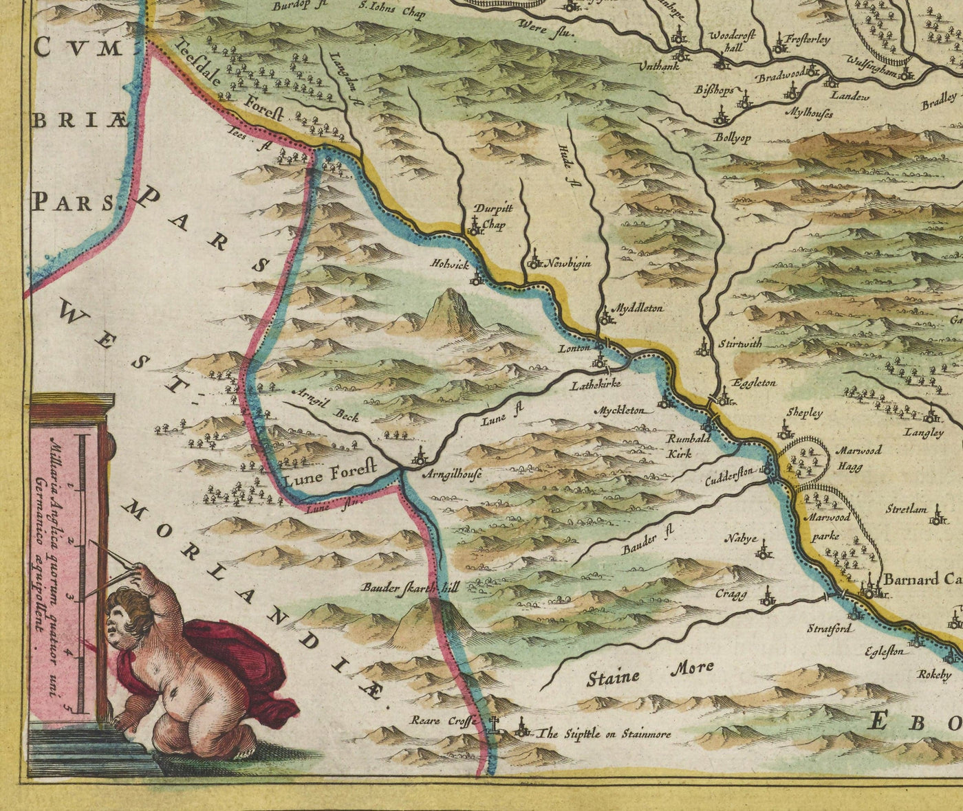 Mapa antiguo del condado Durham, 1665 de Joan Blaeu - Darlington, Stockton-on-Tees, Sunderland, Hartlepool, Newcastle, Gateshead