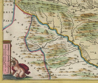 Mapa antiguo del condado Durham, 1665 de Joan Blaeu - Darlington, Stockton-on-Tees, Sunderland, Hartlepool, Newcastle, Gateshead