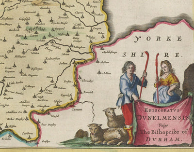 Mapa antiguo del condado Durham, 1665 de Joan Blaeu - Darlington, Stockton-on-Tees, Sunderland, Hartlepool, Newcastle, Gateshead